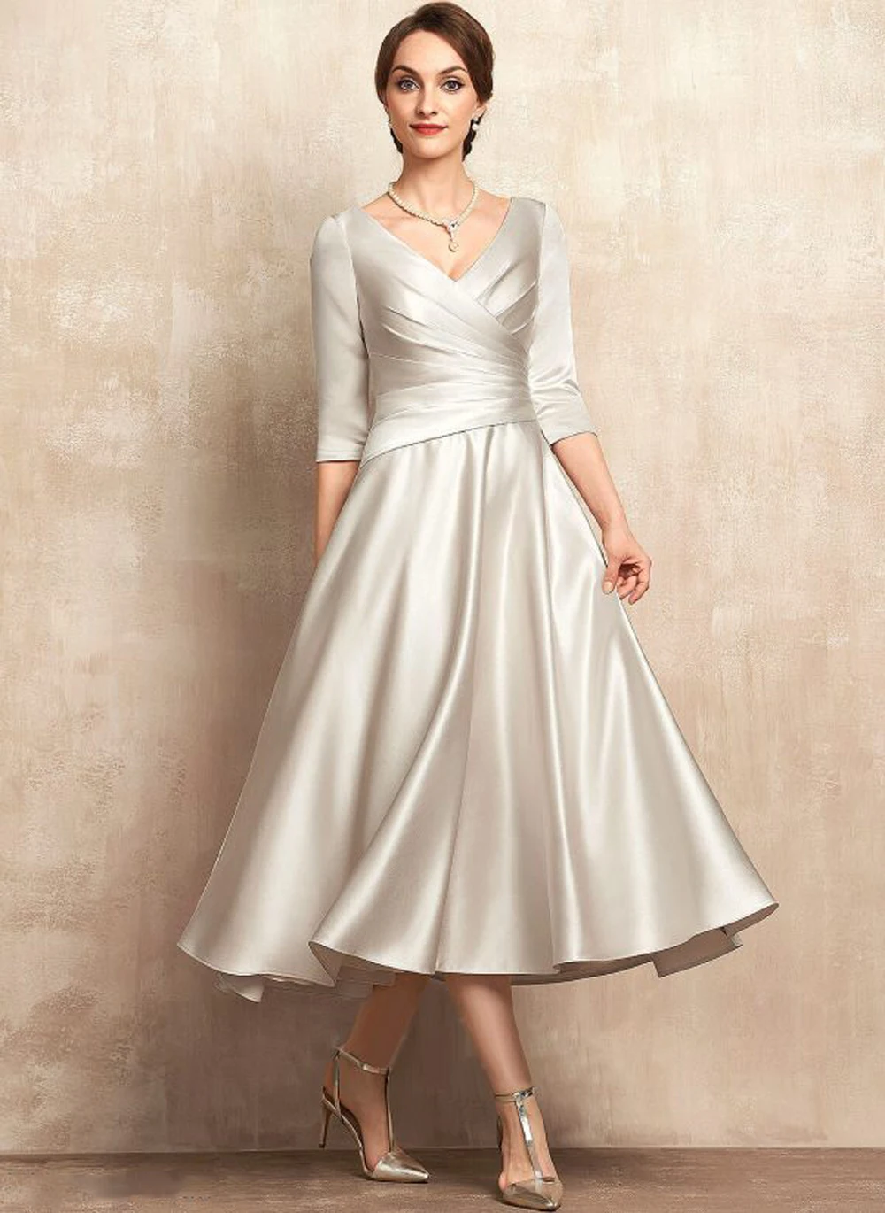 Elegant A Line Satin Mother Of The Bride Dresses V Neck Ruched Pleat Formal Evening 3/4 Sleeve Ankle Length Wedding Guest Gown mother bride dresses