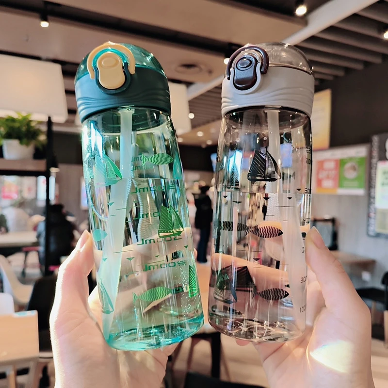 750ml Sport Portable Leakproof with Straw Water Bottles Food Degree Plastic  Drinking Cup Clear GREEN 