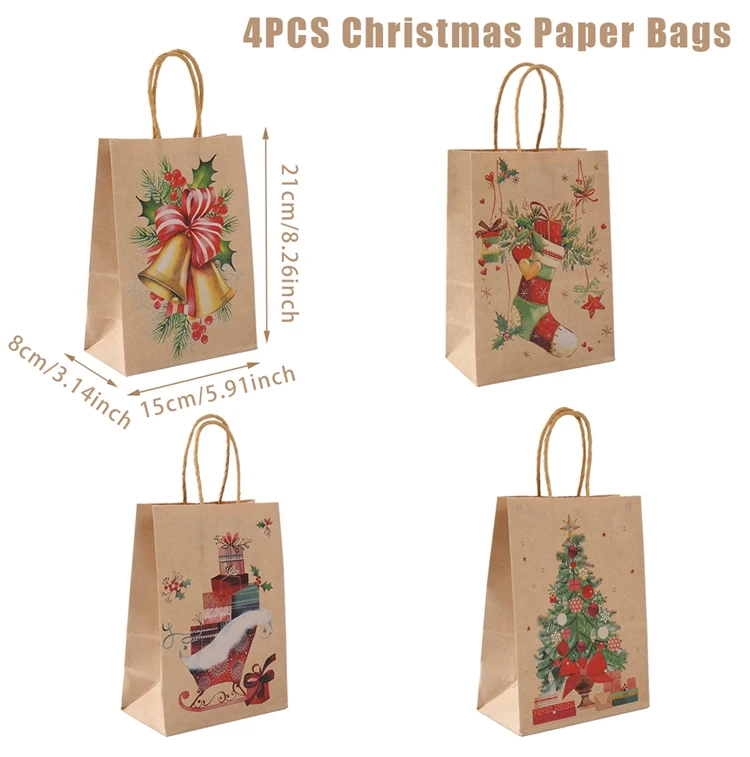 100 Pcs Christmas Kraft Treat Bags - 4 Holiday Designs For Party Favors & Gift Wrapping