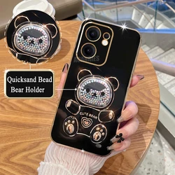 Cute Plating Quicksand Bear Holder Silicone Stand Back Cover Case for Reno13 F 4G (CZX Black)