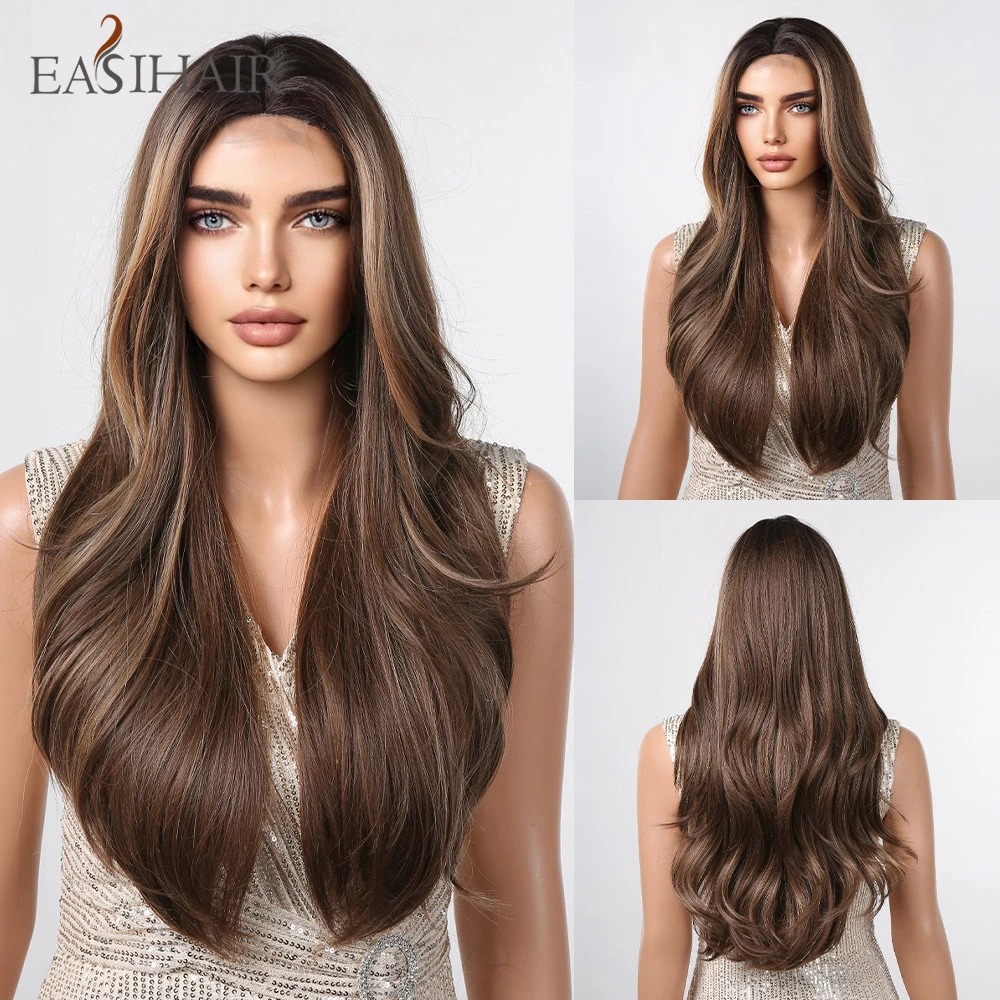 

EASIHAIR Long Wavy Synthetic Lace Wigs Chestnut Brown Highlight Blonde Natural Hairline Lace Wigs for Women Daily Heat Resistant