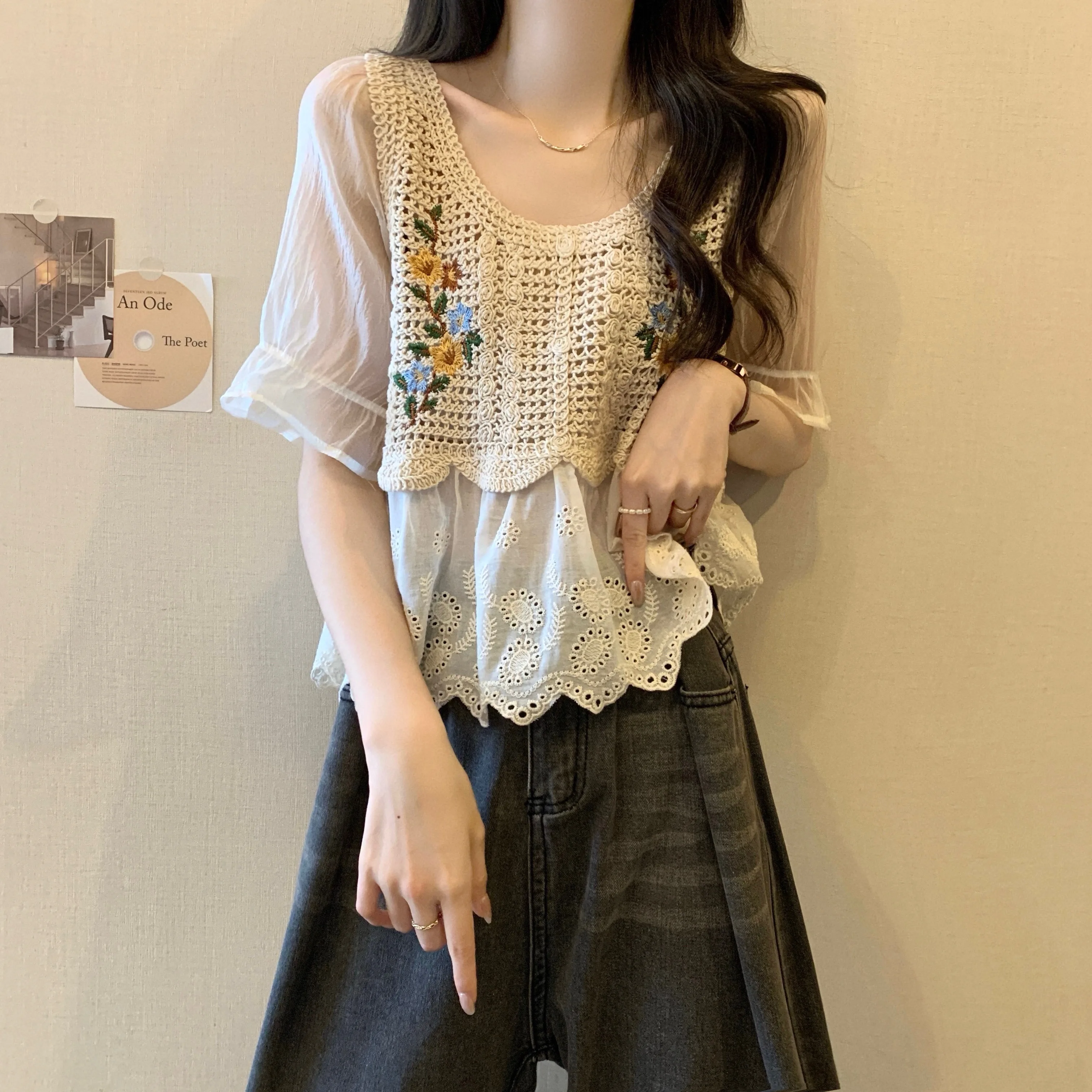 Blusa sin mangas de ganchillo con bordado Floral para mujer, Top