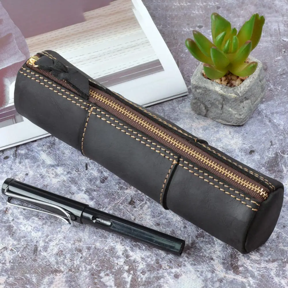 

Pencil Pouch Large Capacity Faux Leather Pencil Case Retro Zipper Closure Stationery Storage Pouch for Students