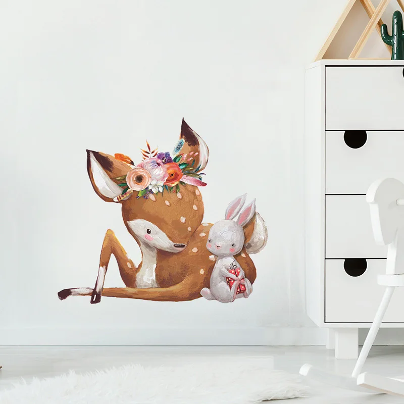 Cartoon Sika Deer Bunny Wall Stickers Kids Room Decor Bedroom Mural Living Room Home Decoration Wallpaper Cute Animals Decals