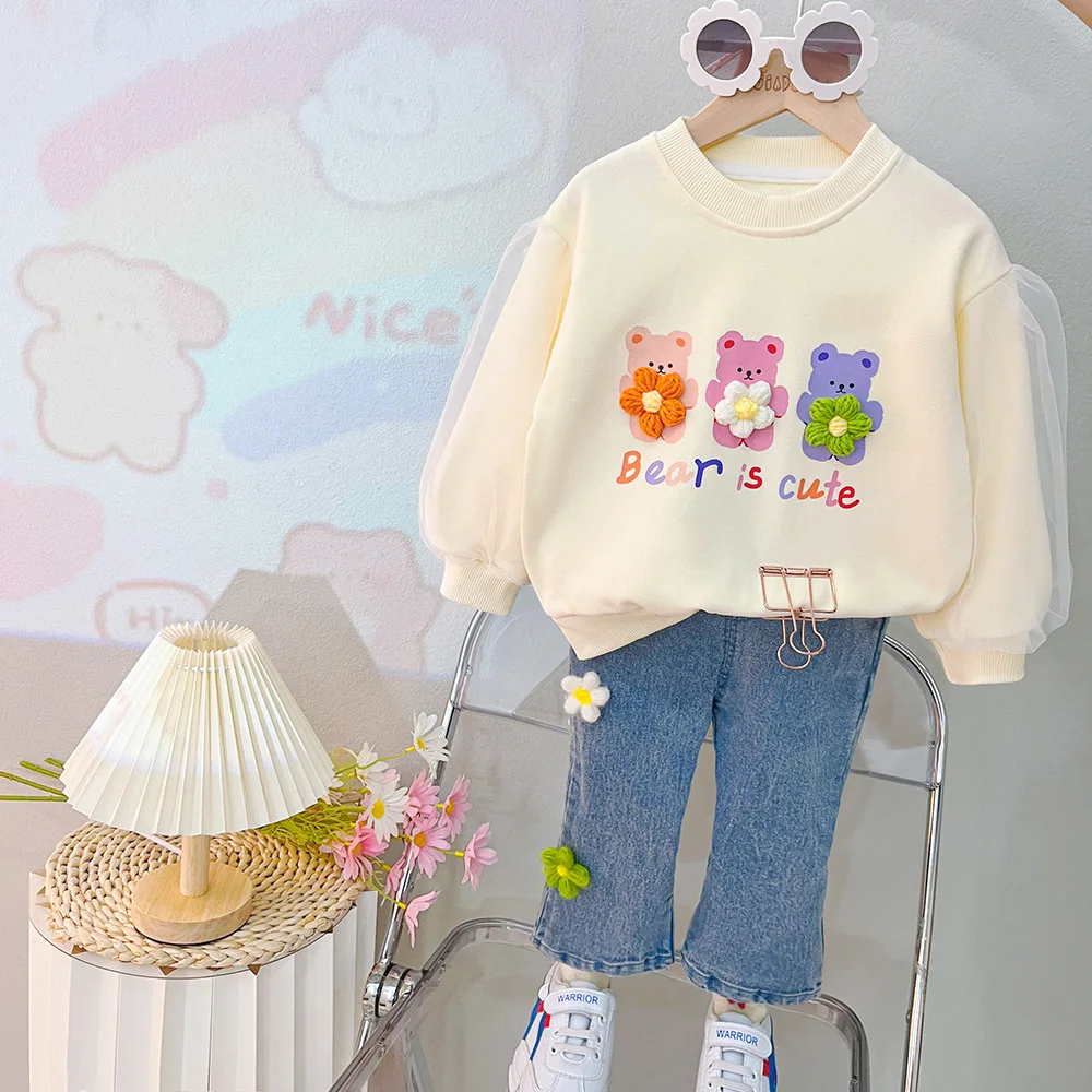 

2023 New Girls' Set Foreign Style Bubble Sleeve Cartoon Sweater Pink Long Sleeve Top+Jeans Baby 0-5 Year Old Set