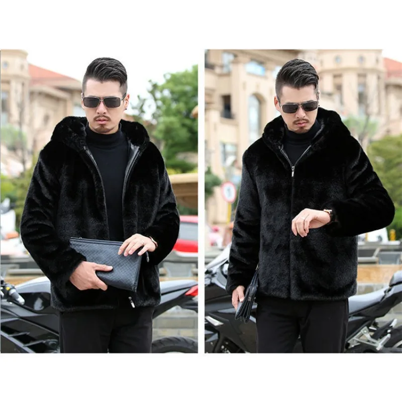 2023 Winter Wear Thickened  Collar Men's Faux Leather Plush Jacket European Station Fur One Piece  Collar European and American