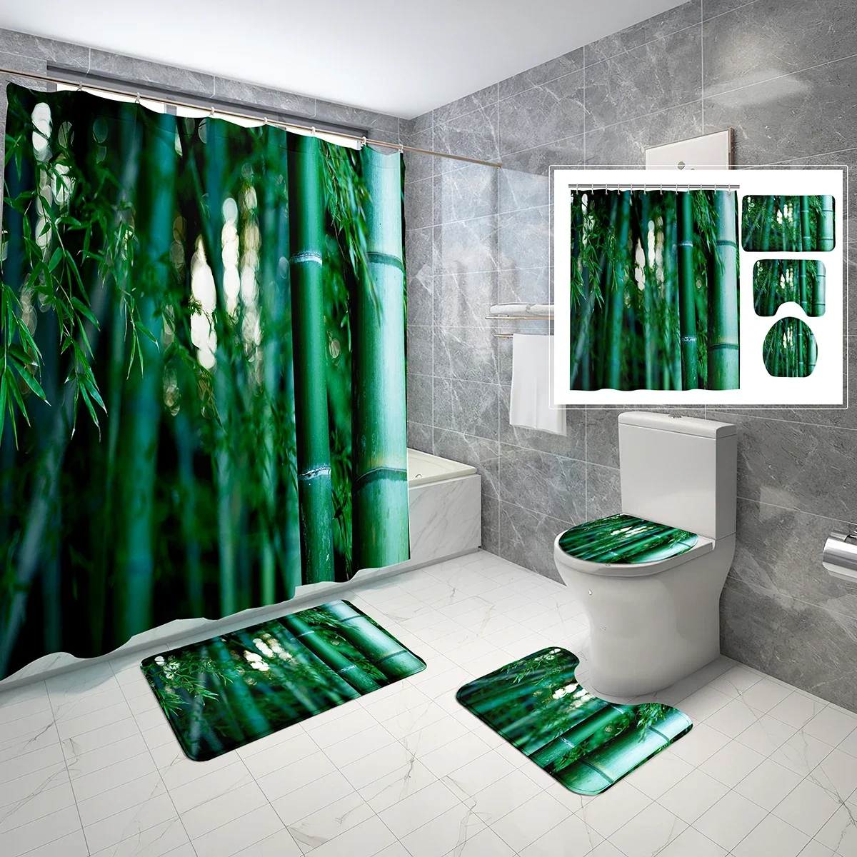 

Комплект из 4 шт. занавески для душа с зеленым бамбуковым лесом, водонепроницаемые занавески для ванной комнаты Jungle Vision, нескользящий коврик для ванной, Набор чехлов для туалета