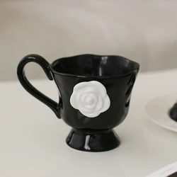 Exquisite High-End Camellia Ceramic Mug - Niche Design Gift Souvenir - 301-400ml (Black)
