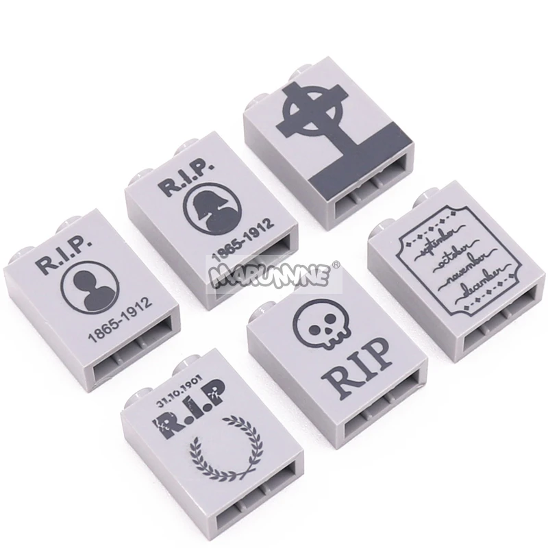 Marumine 10PCS Halloween Printed Tombstone Blocks 1x2x2 Graveyard Bricks 3245 Compatible DIY Classic MOC Building Accessories 4