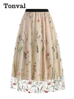 Tonval Floral Embroidered Mesh Overlay Lined Long Skirt Elastic Waist Women Elegant Festival Outfit Summer Vintage Skirts - Image 3