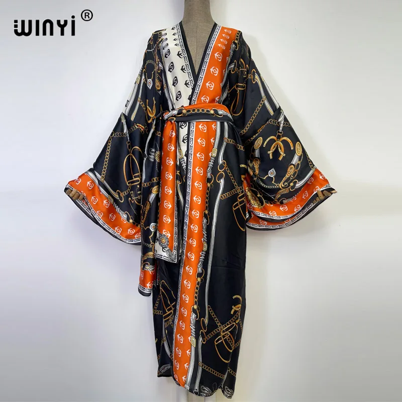 

2022 Africa WINYI new Muslim coat Sweet Lady Boho Print Self Belted Front Open Long Kimono kaftan Beach Tunic Women Wrap Dresses