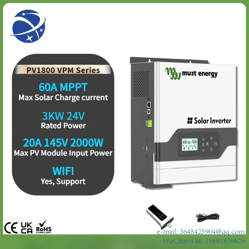 

YYHC PV1800 VPM Hybrid LiFePO4 Solar Inverter 24V 3KW 3000W Pure Sine Wave Off Grid 230VAC Output Build in MPPT 60A With WIFI