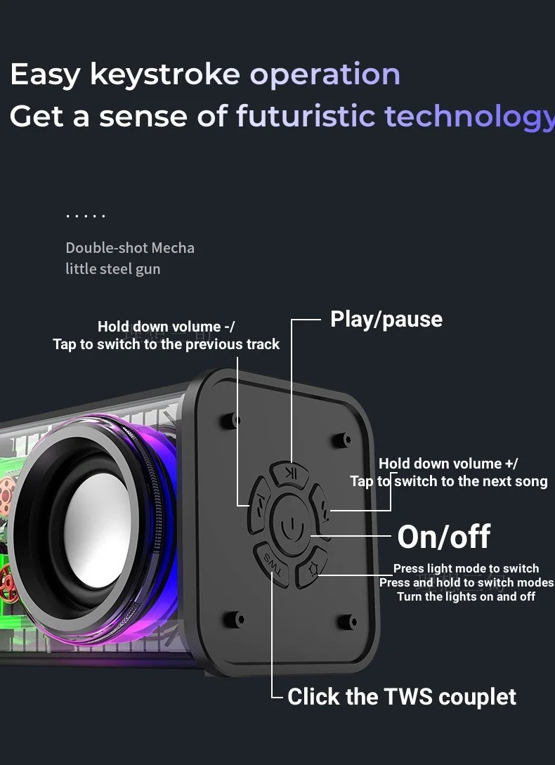 V8 Transparent Mecha Bluetooth Speaker description image 5