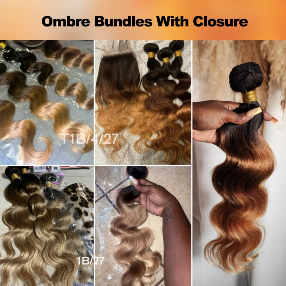 Human hair bundles human hair closure Ombre Color Body Wave Unprocessed Virgin Hair 1b/4/27 Colored Extension