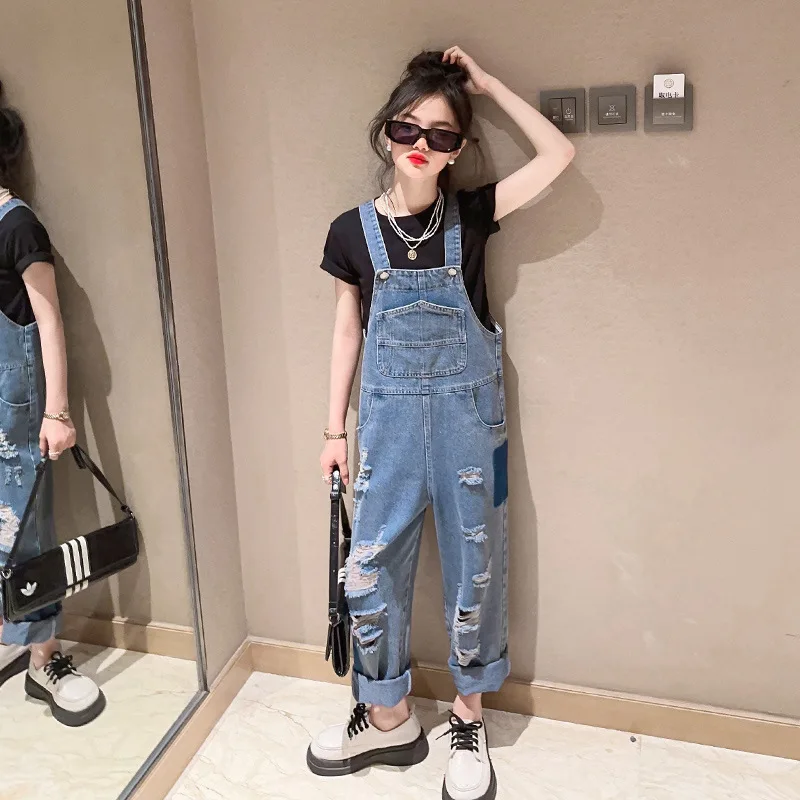 

Summer Cool Hole Jumpsuit Girls Fashion Destory Ripped Jeans Overalls Kids Streetwear Broken Costume 5 6 8 9 10 12 14Years Child