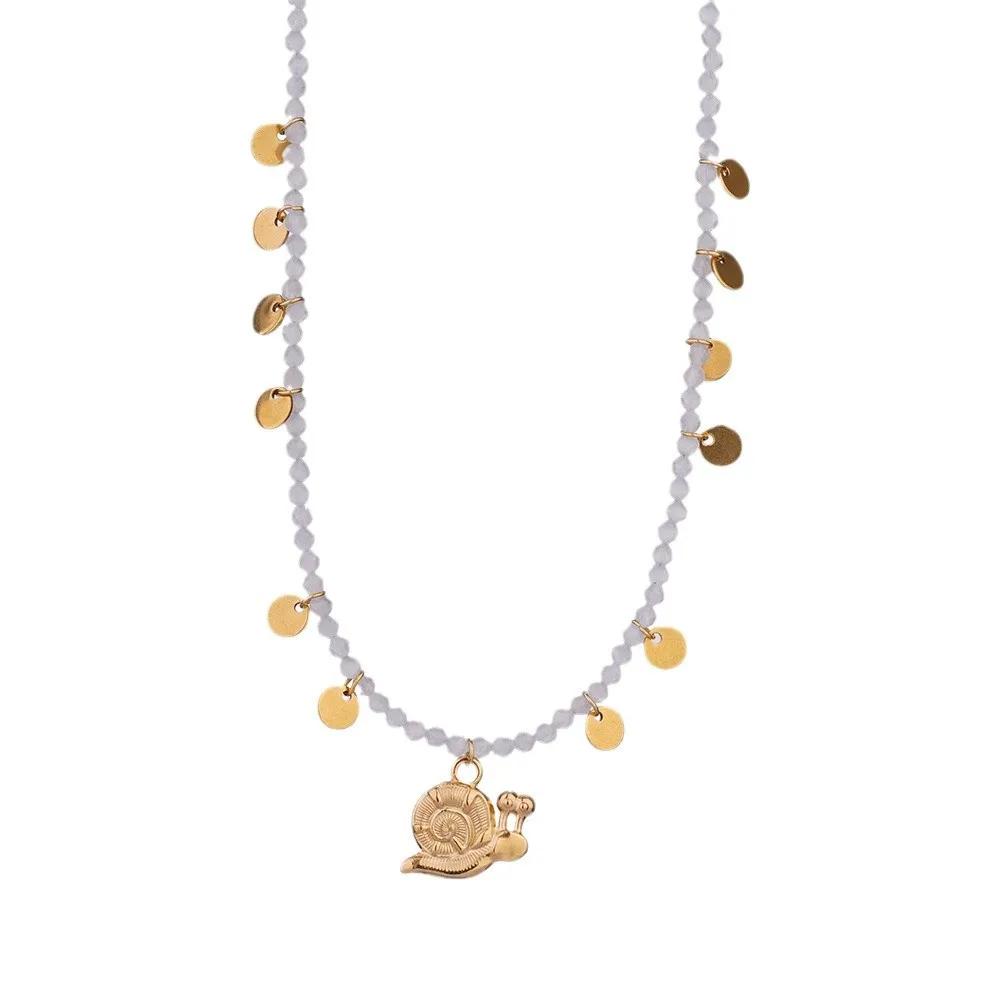 Stainless Steel Natural Stone Short Neckalce with Small Fish Pendant Exquisitely Handmade Beads Snail Collar Jewelry Party Gifts