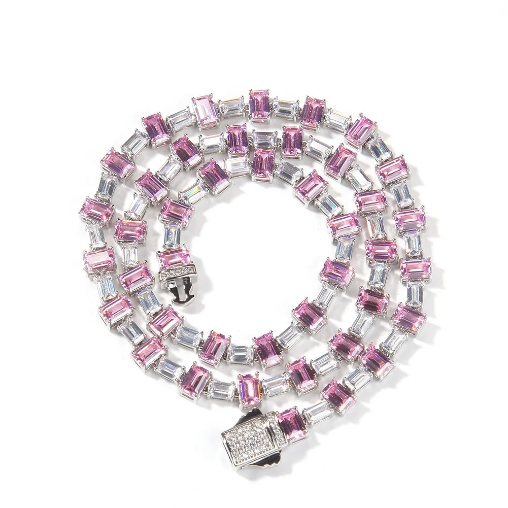 

Baguette 6.5mm Necklace Pink And Silver Tennis Chain Cubic Zirconia Micro Fashion Hip Hop Jewelry