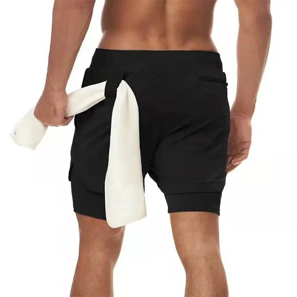 2 in 1 Sports Shorts Men Fitness Gym Training Quick Dry Shorts Workout Jogging Double Deck Summer with Towel Pocket Sportswear
