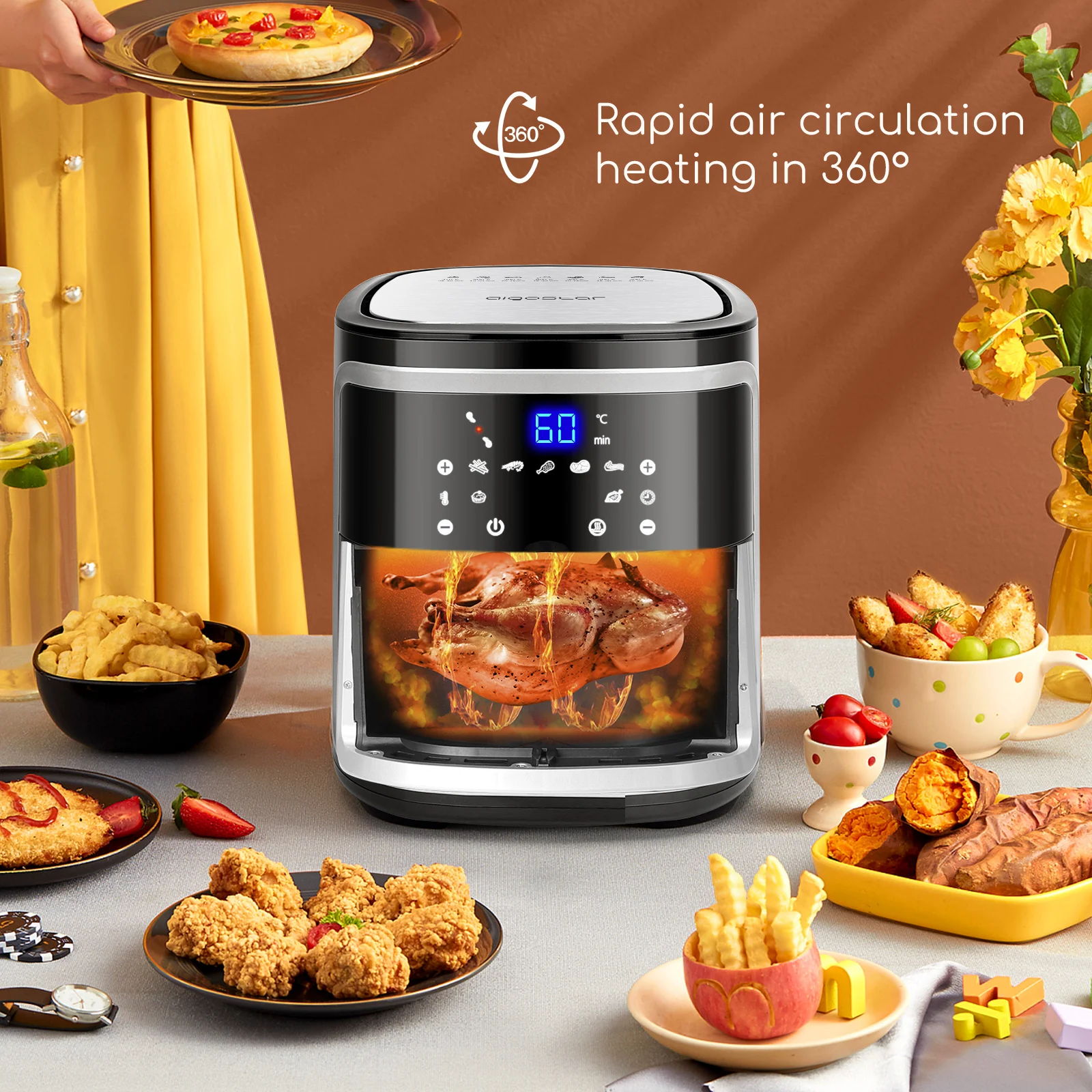 Aigostar Cube Oil Free Air Fryer 7L, 1900W, 7 Preset Functions + Keep Warm,  manual Mode, LED Touch panel. Dual use: with basket or drawer. Without