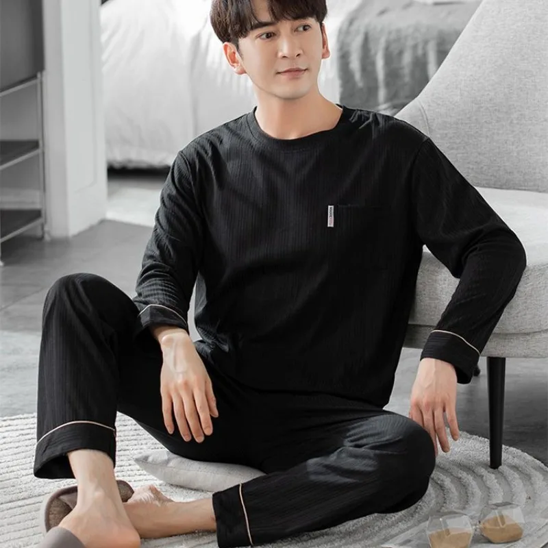 2024 New Cotton Men's Pajamas Spring and Autumn Style Sleepwear Long Sleeve Trousers Large Size Homewear Casual Loungewear Set women pajamas 2024 new jacquard combed cotton square collar lace sleepwear set korean style large size female homewear suit