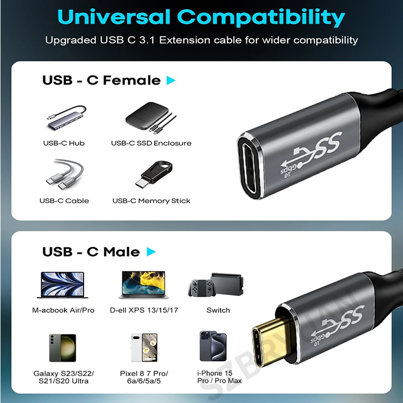 USB-C 10Gbps Extension Cable - 100W Male to Female Extender Cord
