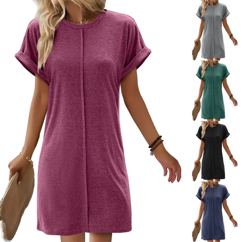 Women Solid Color Short Sleeve Mini Dress Summer Fashion