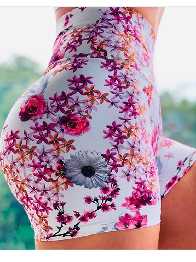 Floral Printing Yoga Women Shorts Summer Workout High Waist Quick Dry Elastic Gym Tights Female Push Up Butt Drop Ship