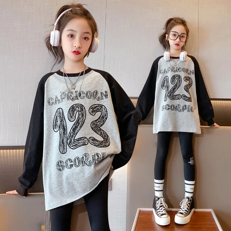 

Весенне-осенний хлопковый свободный длинный свитшот с контрастным алфавитом для девочек, детский пуловер, футболки, школьный детский спортивный джемпер, От 3 до 14 лет