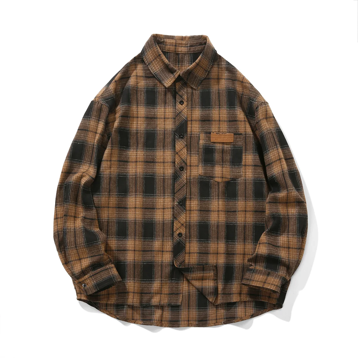 Retro Men Plaid Shirt Popular Oversized Clothes Casual Long Sleeve Check Overshirt