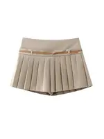 Pleated Shorts Skirts for Women With Belt, Side Zipper, Mid Waist, Female Skort, Chic Fashion - Image 2