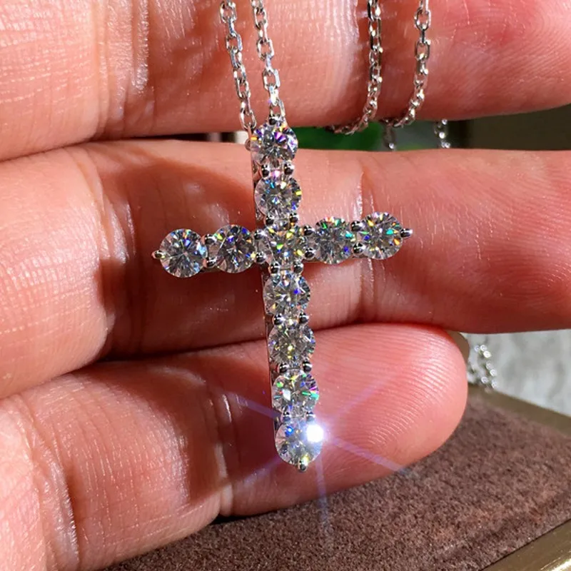 

Handmade Christianity Cross Simulated Diamond Pendants Luxury 925 Sterling silver Wedding Necklaces for women men fine jewelry