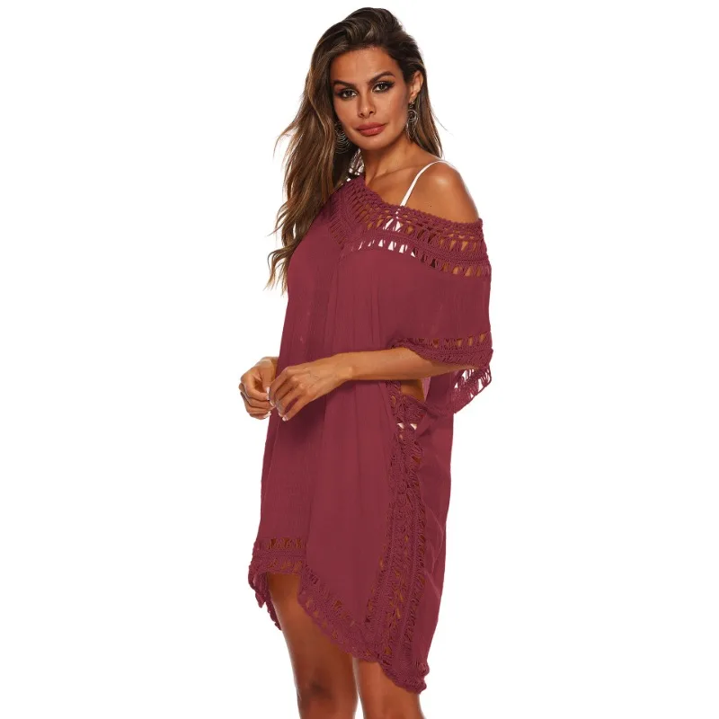 Resort style women's V-neck hand hook stitching cover-up 2024 summer popular sexy hollow loose beach cover-up dress