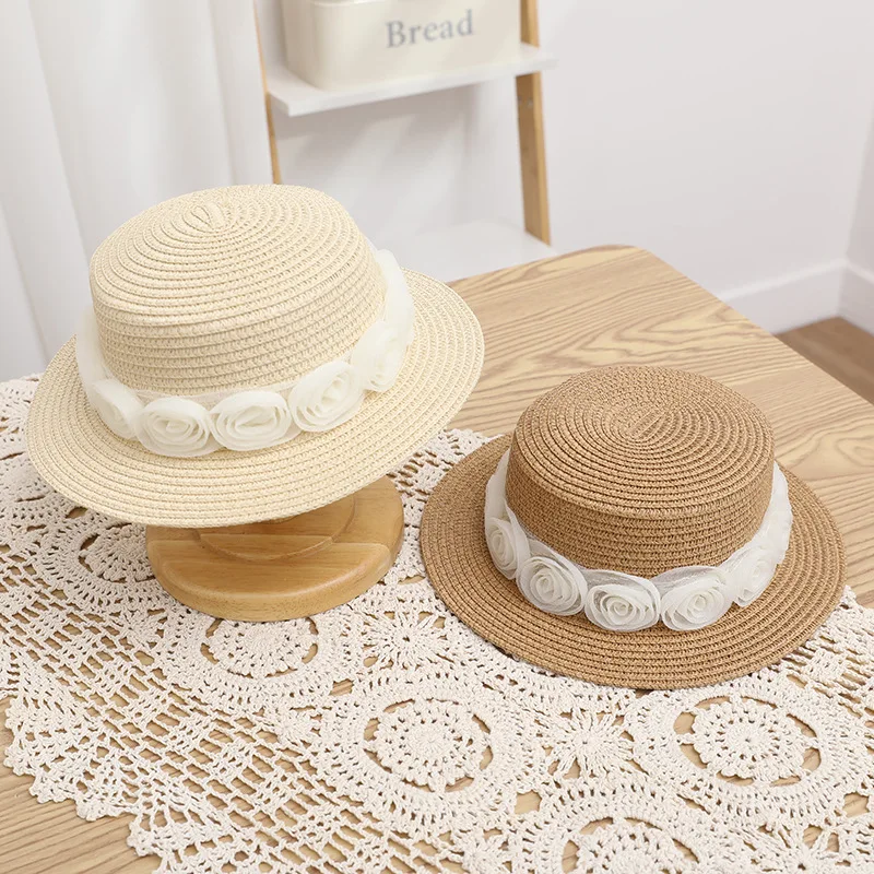 

Kids Summer Sun Hats Girls Beige Lace Flower Panama Straw Hat Mother and Daughter Beach Ultraviolet-proof Flat top Cap Women