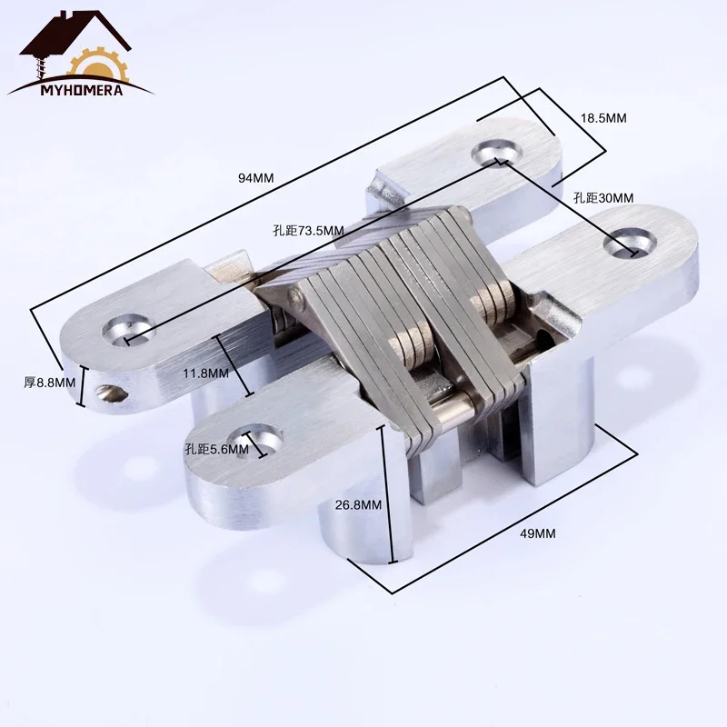 Stainless Steel Hidden Door Hinges Heavy-loading 30kg 19*95mm Built-in Concealed Cross Folding Doors Hinge Furniture Hardware