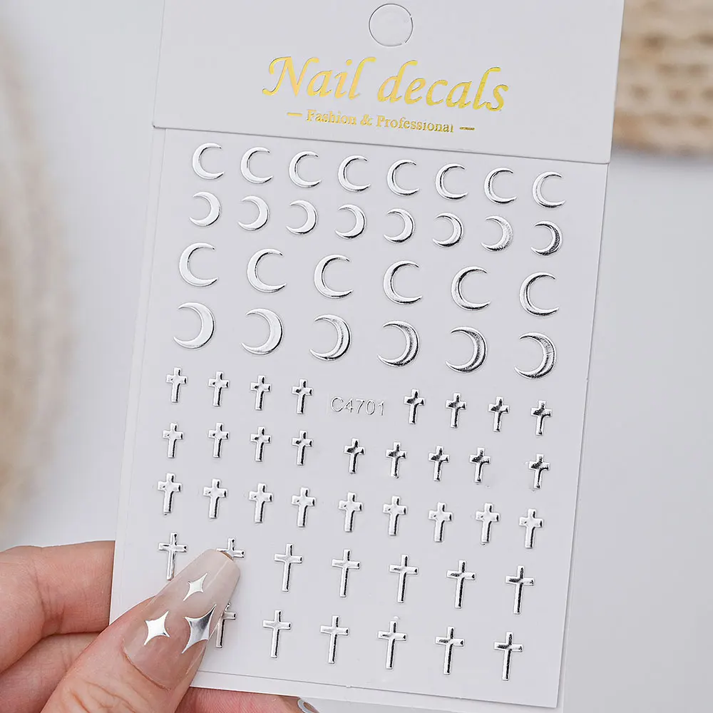 6pcs/set Metallic Silver Star/Moon/Heart Nail Sticker Y2K 3D Metal Mirror Effect Nail Decal 8*10cm Self-Adhesive Decoration