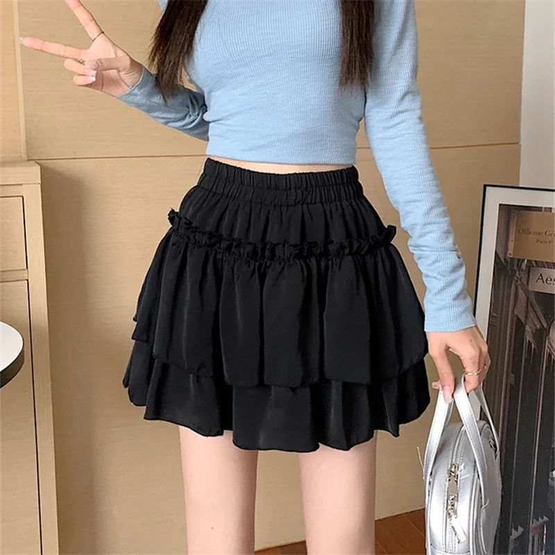 Summer Kawaii White Ruflles Skirt Women Fashion Slim Fit Mini Skirts Giris Y2k All Match Elastic High Waist Black Faldas 6
