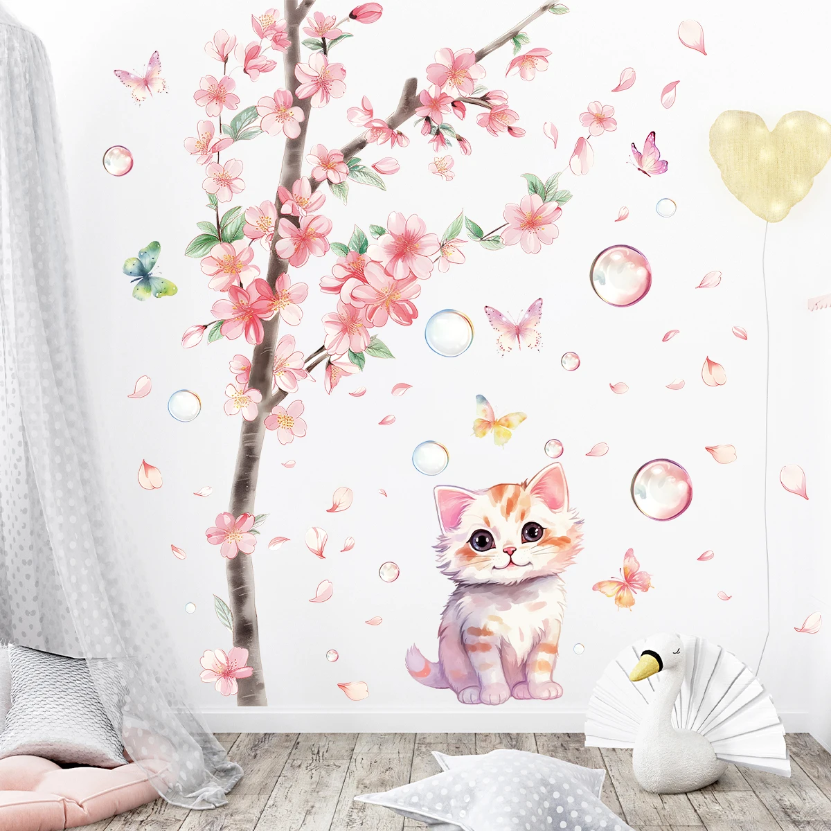 Watercolor Cherry Blossoms Butterfly Kitten Cat Wall Stickers Living Room Background Wall Decals Home Decor Decoration wall stickers,wall sticker