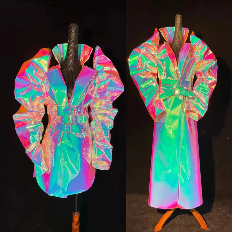 

Reflective Dance Clothes Glitter Laser Blazer Dress Long Coat Bar Stage Women Singer Performance Costume Nightclub Overcoat