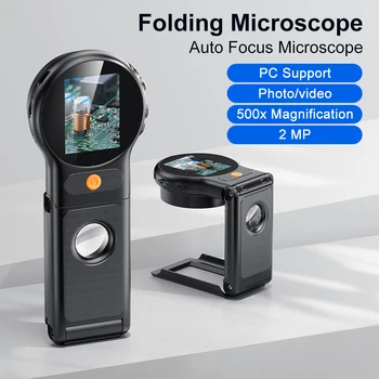 Microscopio digitale Autofocus 500X con microscopi video a moneta da 8 LED da 2 MP Lente d'ingrandimento pieghevole da 2 pollici per riparazioni elettroniche