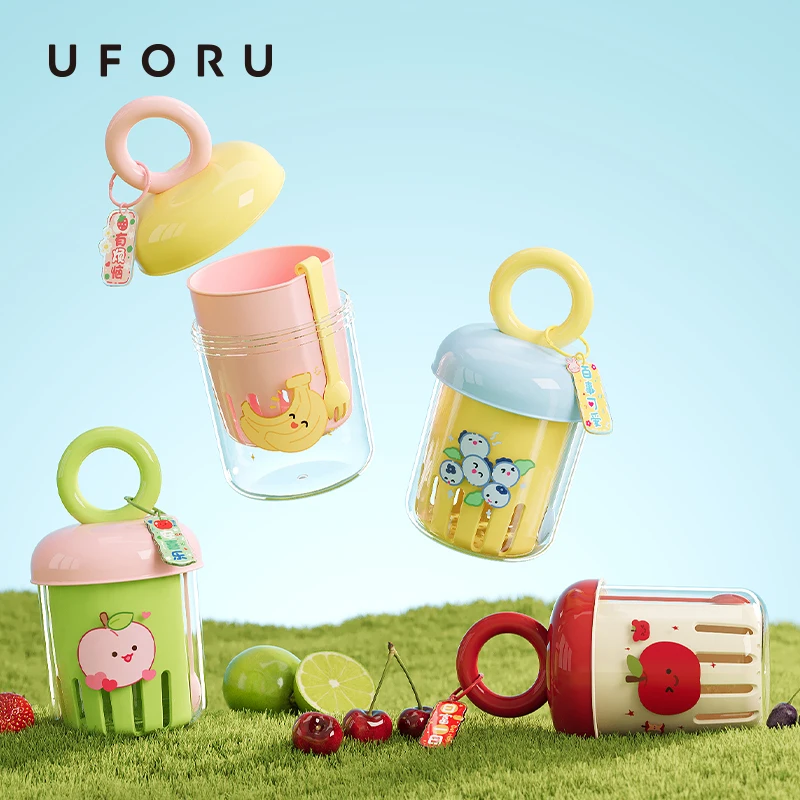 UFORU 도파민 과일 컵 - 피크닉을 위한 포크 이중층 식품 등급 플라스틱 배수 컵이 있는 야외 휴대용 누출 방지 요구르트 컵