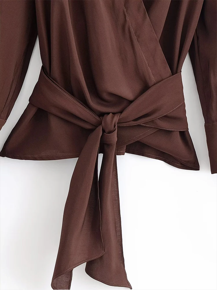 Chic Fashion Waist Tied Knot Brown Shirts for Women 2025 New Long Sleeve Casual Simple Woman Stripe Shirt And Blouse Tops