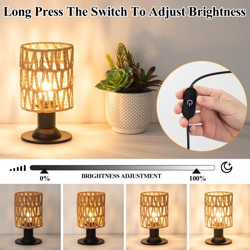 대마로프로 짠 작은 테이블 램프, 전원풍 레스토랑 바 분위기 조명, 침실 침대 옆 조명