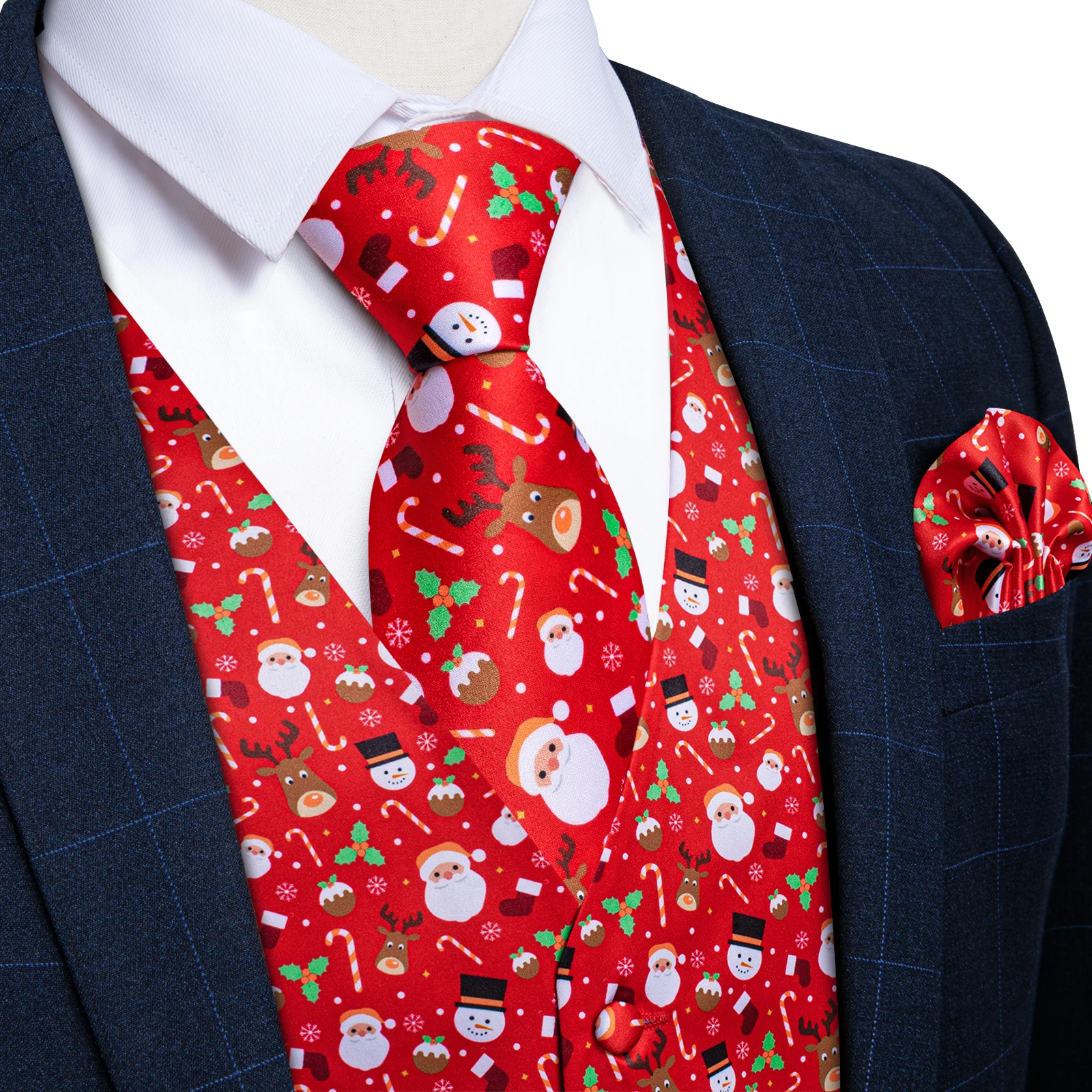 Christmas Santa Claus Elk Bell Print Lovely Suit Vest for Men Neck Tie Set Handkerchief Cufflinks Family Party Men Clothing 2