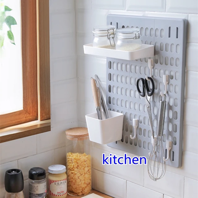 Lyukasztás Nélküli Műanyag Lyukas Állvány Falra Tartó Tároló Szervező Pegboard Lyuk Deszkás Rack Konyha Fali Polc - Image 5