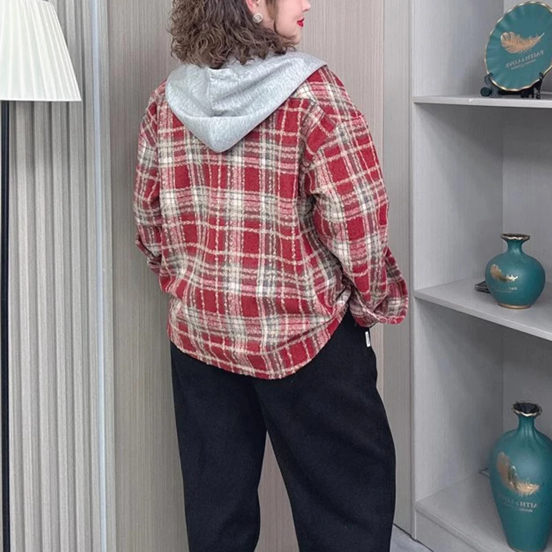 Plus Size Women's Brushed Plaid Hooded Jacket Retro Loose-Fit Spring/Autumn Casual Shirt Oversized Chic Outerwear