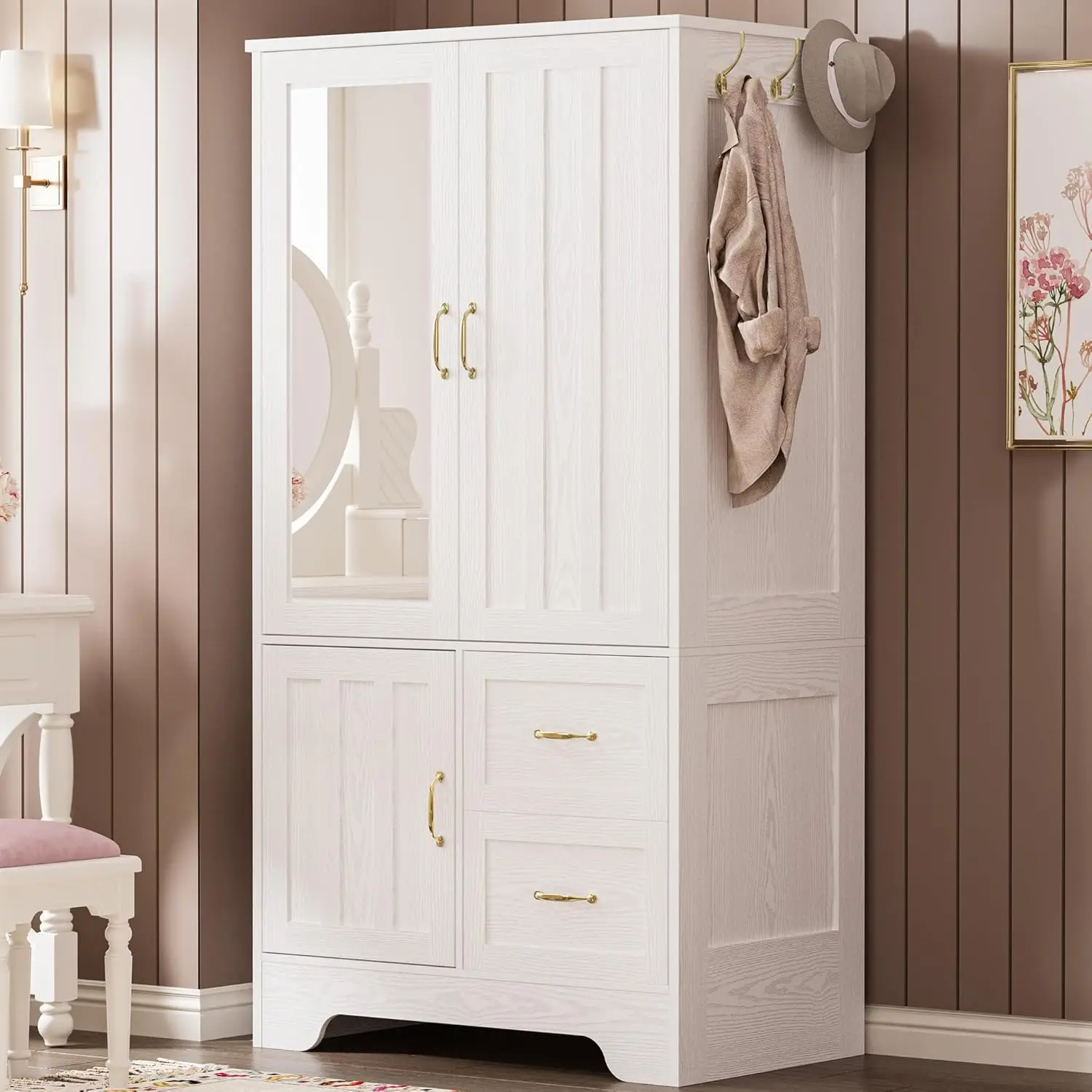 Wardrobe Closet with Mirror and Doors and Drawers and Shelves, Wooden Armoire Storage Cabinet with Hanging Rod for Bedroom 3