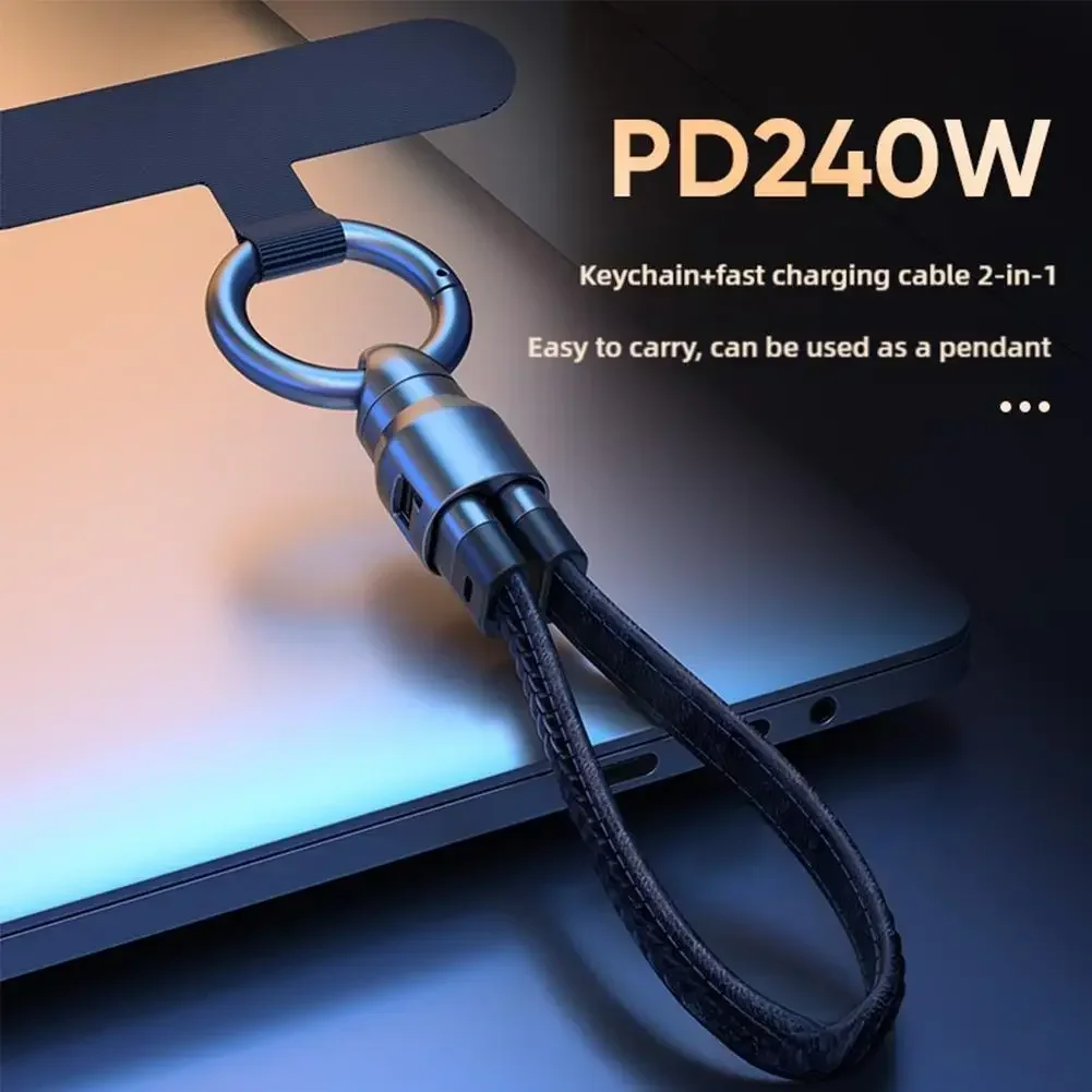 2 in 1 240W Fast Charging Cable Genuine Leather Lanyard Data Cable for iOS Android Charger Cord Computer Power Cable