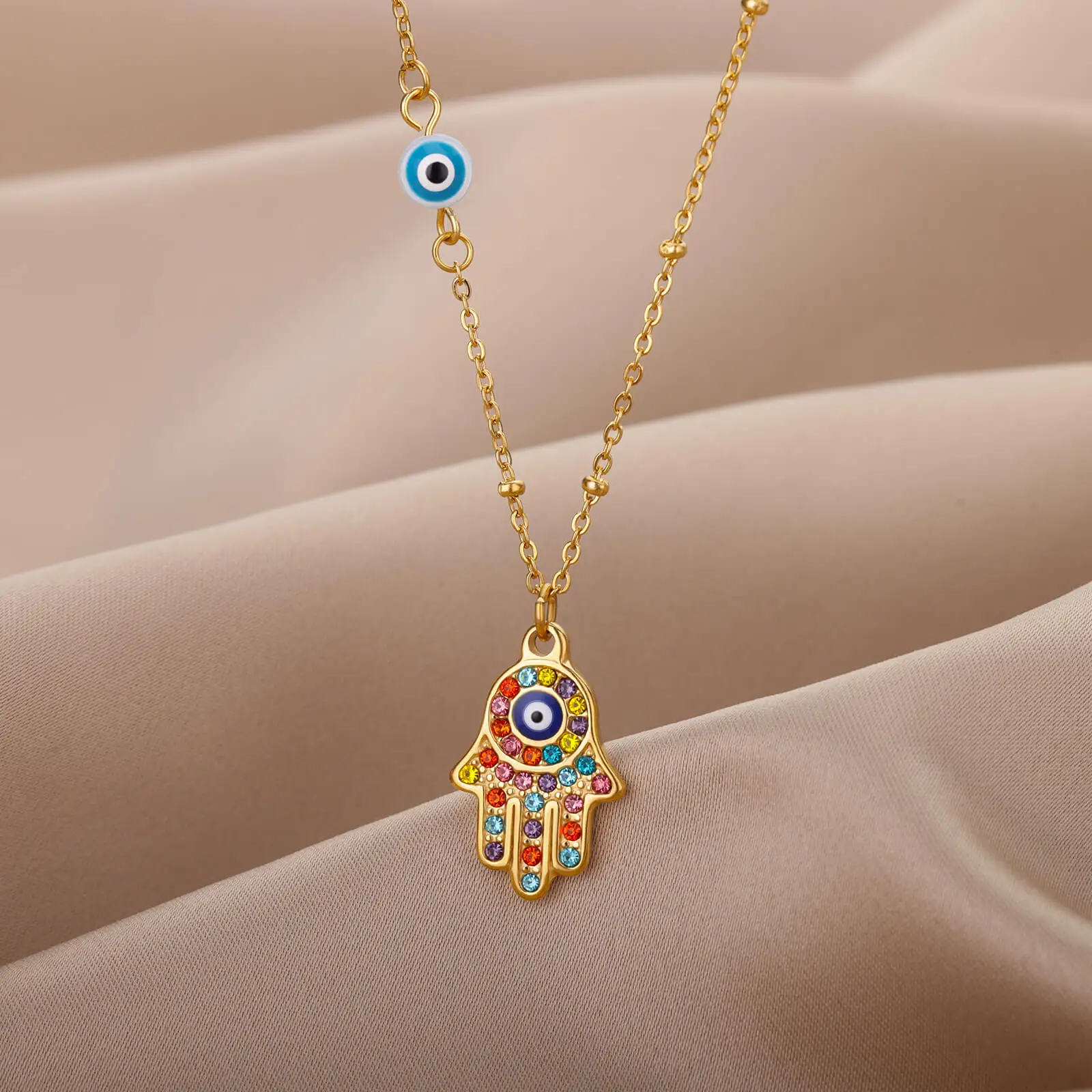 Turkish Hamsa Evil Eye Necklaces Stainless Steel Gold Color Charm Choker