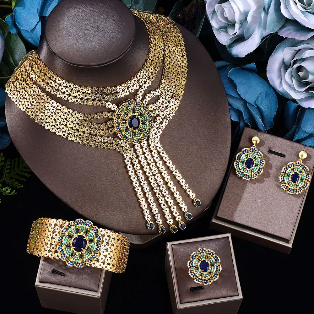 2024 New 24k gold-plated cubic zirconia 4pcs bride's zircon jewelry set, luxury Libya Dubai bride jewelry set