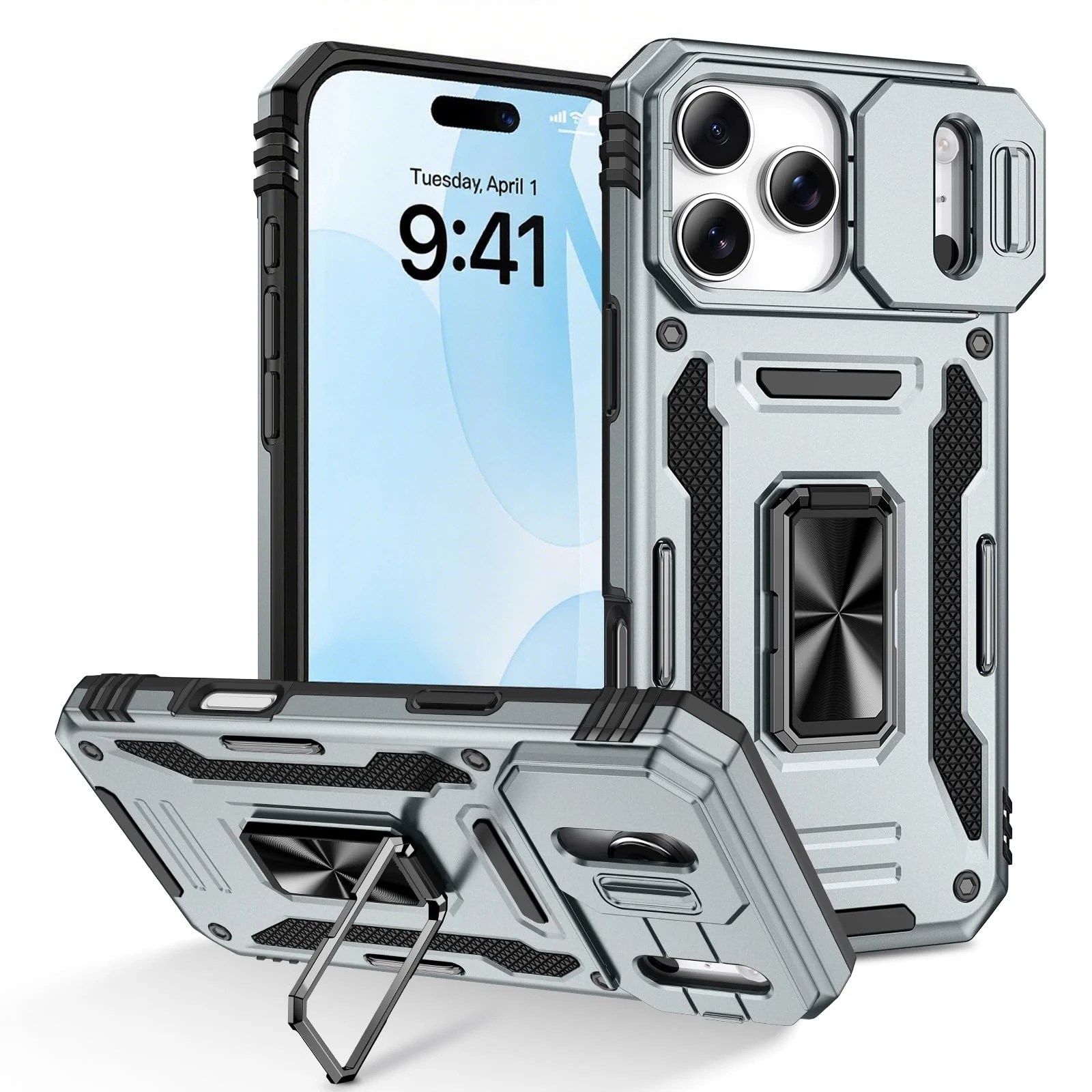 Enhanced Armor Ring Stand Kickstand Case with Slide Camera Cover and Anti-Fall Protection